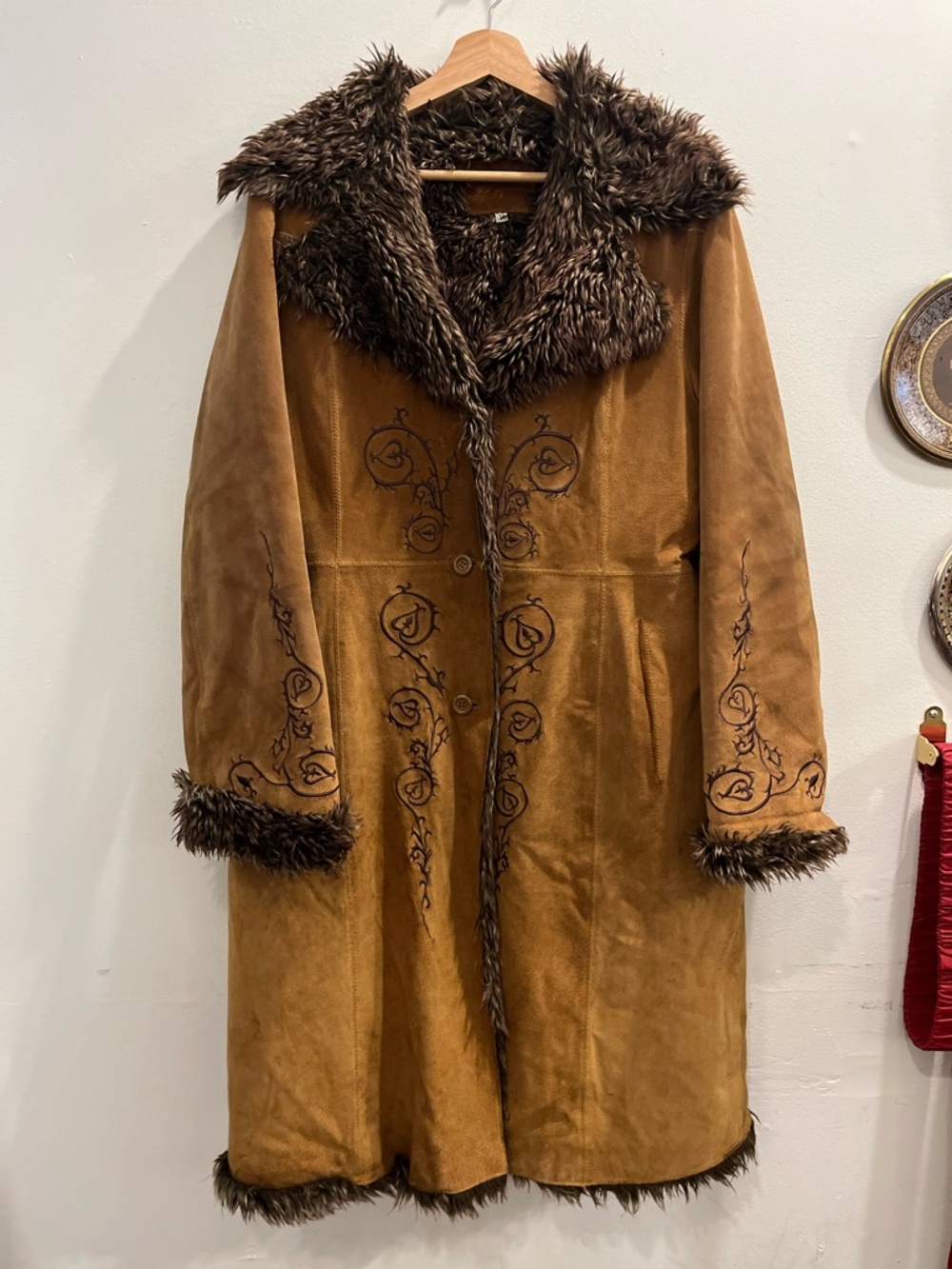 Faux Fur Trim Suede Afghan Coat